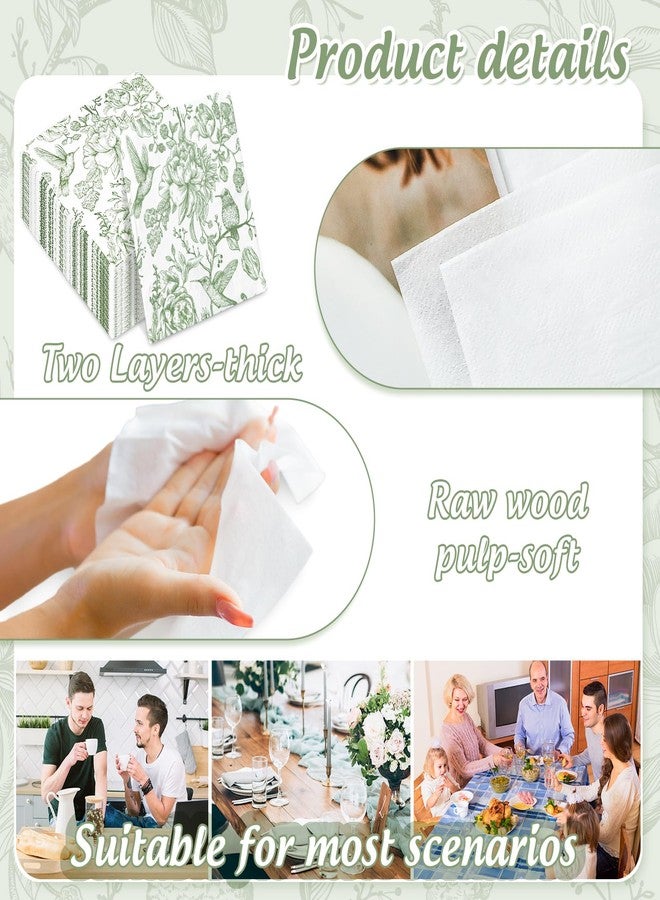 JarThenaAMCS مناديل ورقية للاستخدام مرة واحدة من JarThenaAMCS، 50 قطعة، مزينة بنقوش زهور وطيور، باللونين الأخضر والأبيض، مثالية للمشروبات والحفلات المنزلية. - Image 3